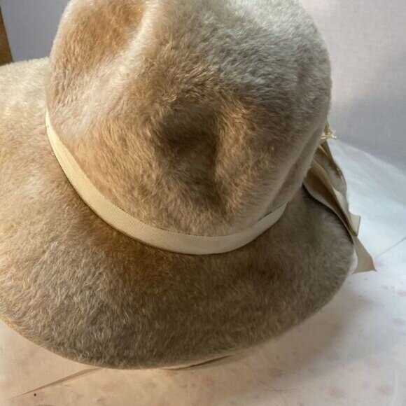 Vintage Sovereign Tan Fur Felt Floppy Hat  Ribbon Bow Boho Grannycore - Picture 3 of 7